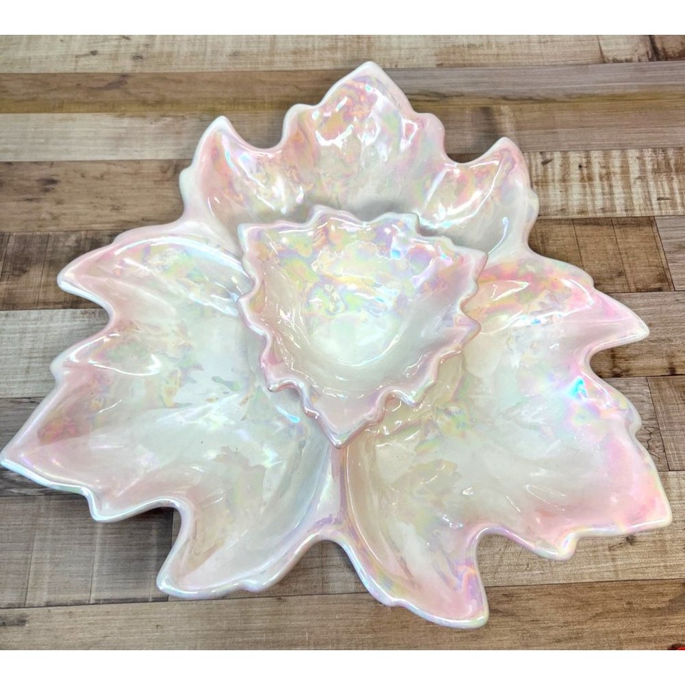 Iridescent Pink Leaf-Shaped Ceramic Serving Dish With Tiered Design & Glossy Fin
